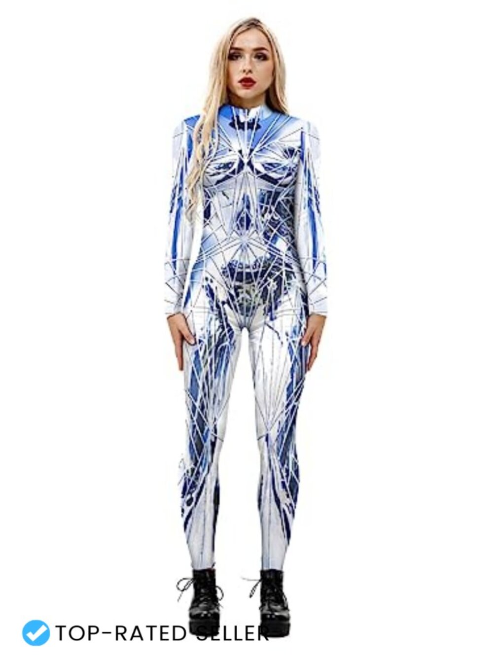 Womens Skeleton Print Turtleneck Bodycon Jumpsuit Long Sleeve Halloween Costume
